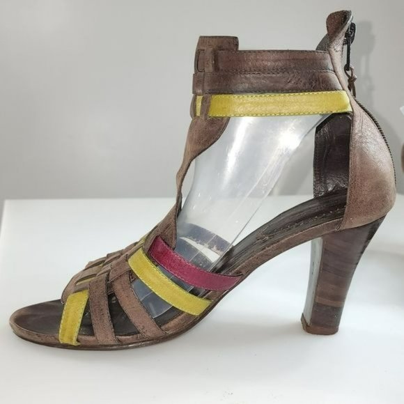 Vintage Style Brown Real Leather Peep Toe Block Heel Strappy Gladiator Sandals - Picture 11 of 16